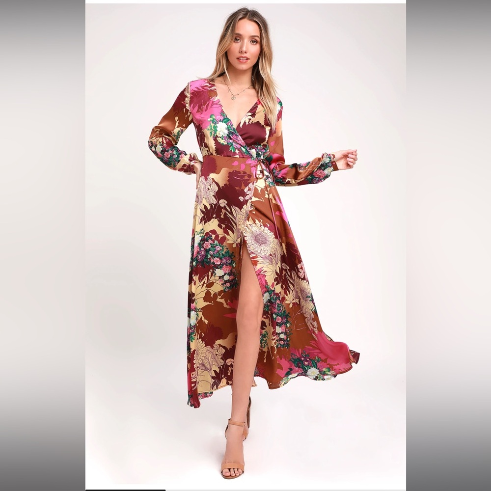 Put on a Smile Burgundy Floral Print Satin Wrap Maxi Dress